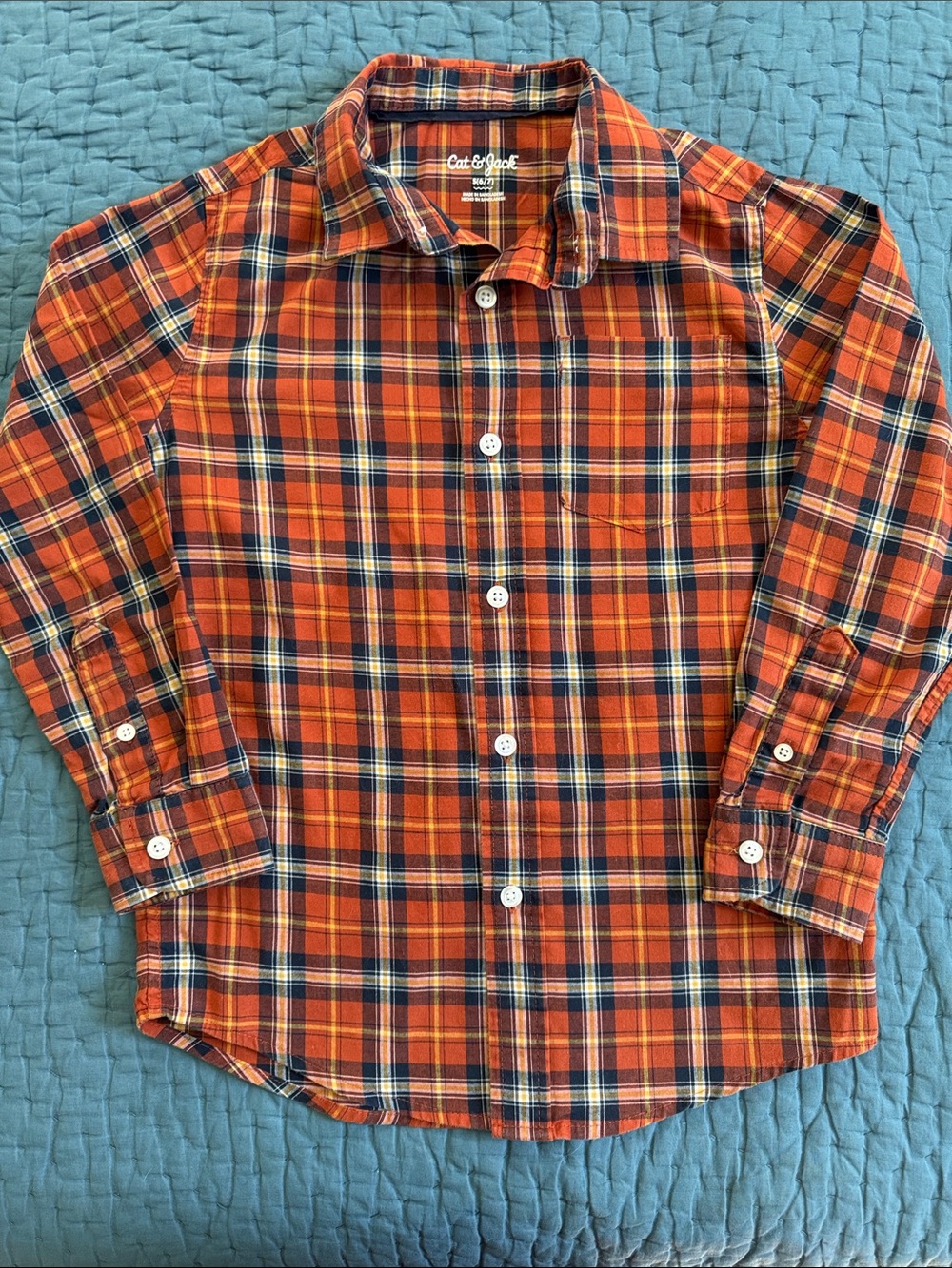 Cat & Jack Boy’s S(6/7) Orange Plaid Cotton Long-Sleeve Shirt